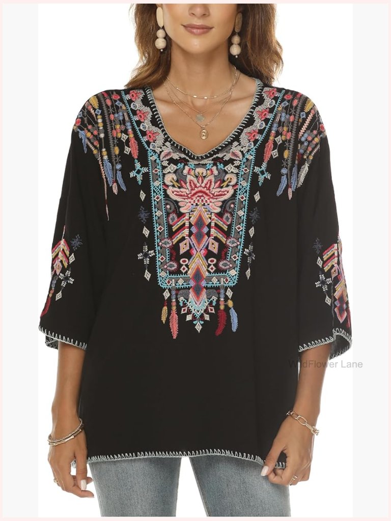 Mexican Embroidered Tunic Blouse 3/4 Sleeve V Neck Bohemian Peasant Top Ladies